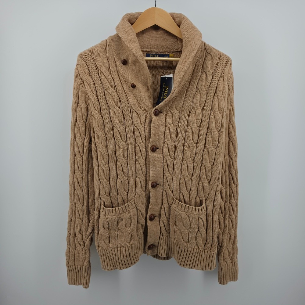 Polo Ralph Lauren Mens Brown Cotton Cashmere Cable Knit Shawl Cardigan Med NWT